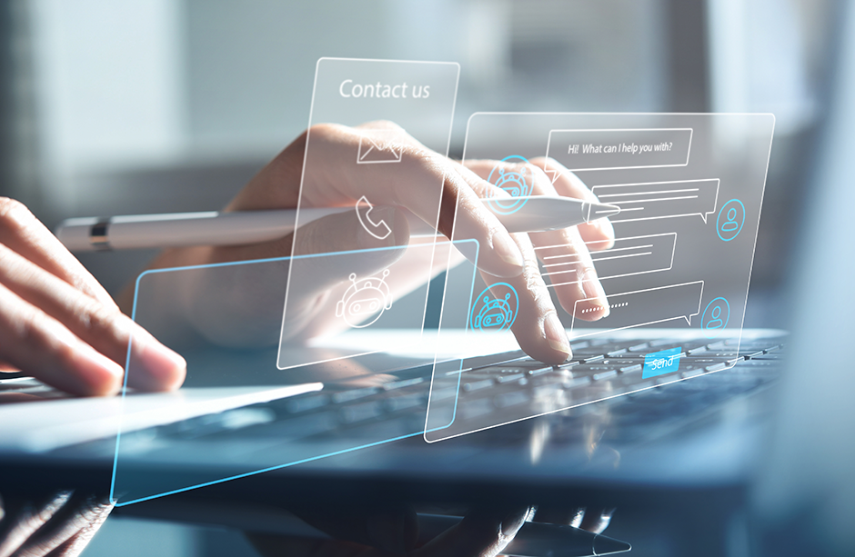 Hands typing on a laptop with partially transparent boxes illustrated.